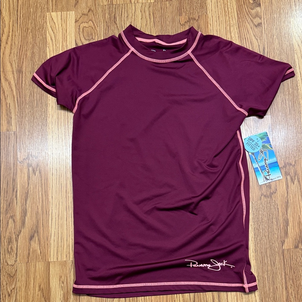 Panama Jack Burgundy Swim Rash Guard with Pink Trim Large